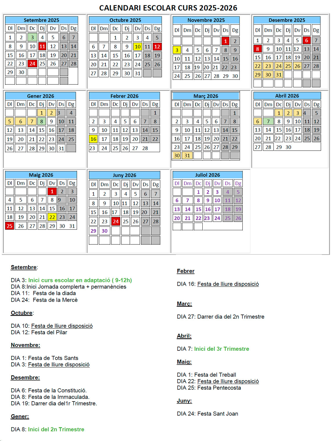 Calendari escolar curs 2025-2026