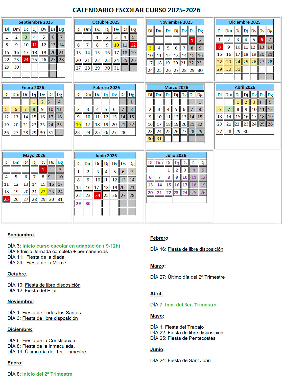 Calendari escolar curs 2025-2026