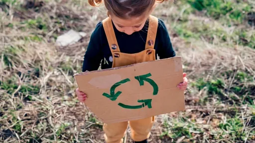 Nena amb un cartell de reciclatge