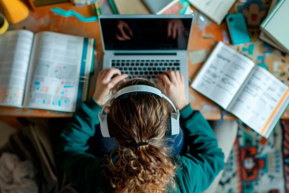 Noia estudiant amb l'ordinador
