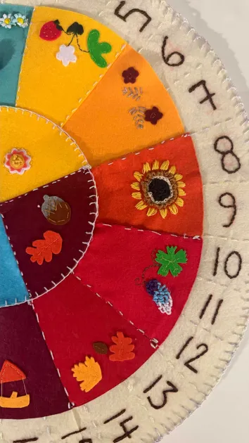 Ruleta de numeros amb coloraines feta en feltre
