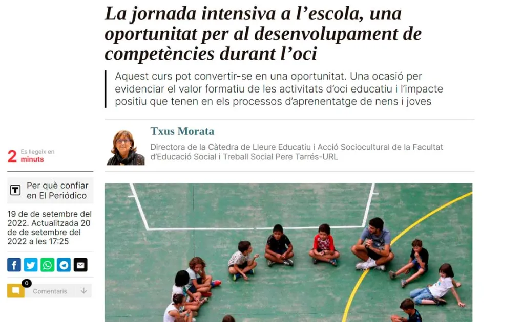 La jornada intensiva a l’escola, una oportunitat per al desenvolupament de competències durant el lleure